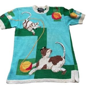 Berek Marta D Sweater Hand Knit Playful Cat Kitten Lover Short Sleeves Small VTG